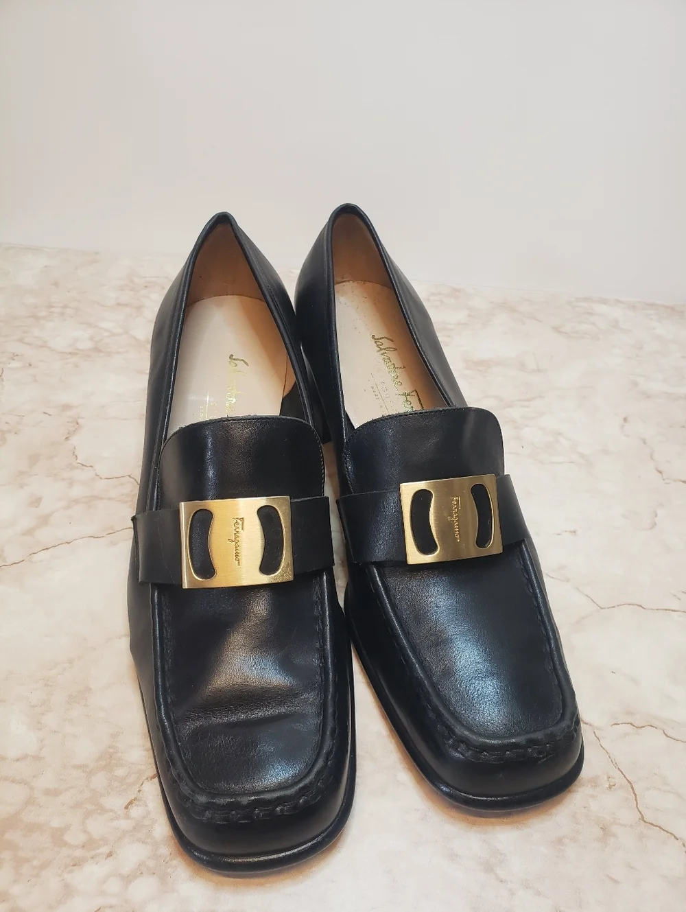 Salvatore Ferragamo Black Leather Women's Heeled Loafers with Gold Buckle 38